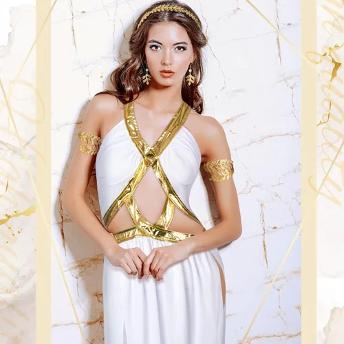 Vista 6 de Hicarer 7 piezas de disfraz griego de Halloween para mujer ateniense, accesorios de disfraz de Toga para mujer, incluye corona ateniense Toga