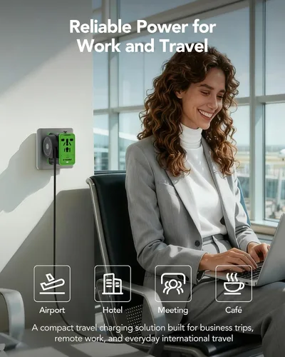 Vista 7 de MFish Adaptador de viaje universal de 75 W, adaptador de corriente internacional de 5 puertos con cable USB-C retráctil, 3 USB-C y 1 salida USB-A +