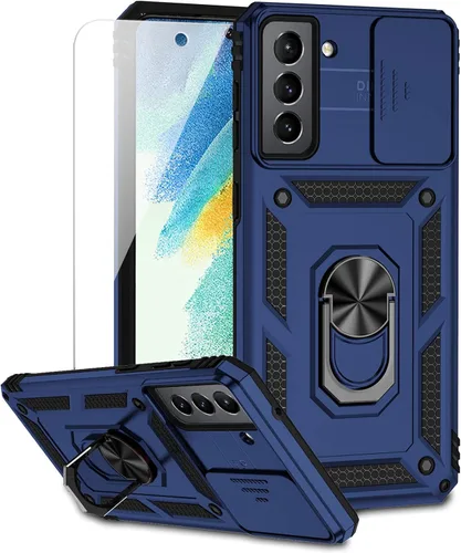 Vista 16 de Funda para Samsung Galaxy S21 FE 5G con cubierta para lente de cámara, protector de pantalla HD, soporte de anillo magnético con función de soporte
