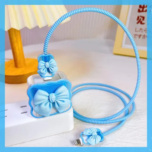 Vista 6 de CameCosy Bonito protector de cable para iPhone de 18 W/20 W, cargador USB-C con diseño de ondas de pajarita 3D, funda protectora de carga de Azul