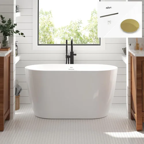 Vista 13 de FerdY 47" Bali - Bañera de acrílico independiente, bañera de inmersión independiente con forma elegante, certificada cUPC, drenaje de níquel Drenaje