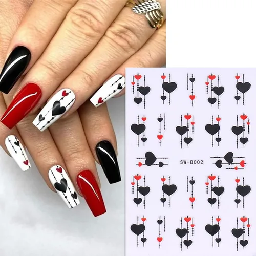 Vista 7 de Calcomanías de uñas de San Valentín, 6 unidades, calcomanías de uñas de corazón 3D, autoadhesivas, calcomanías de arte de uñas, diseño de flores