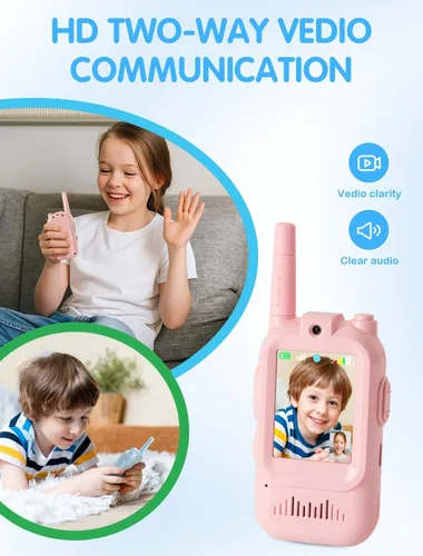 Vista 2 de Walkie Talkie para niños con video: paquete de 2 juguetes recargables para niños pequeños con cámara HD y cambiador de voz, juguetes de regalo