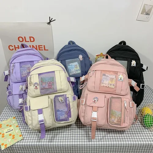 Vista 6 de Mochila Kawaii con colgante de oso, bolsa escolar de lona estética para estudiantes, bolsa de hombro, mochila casual para el regreso a clases (rosa)