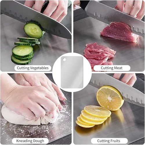 Vista 7 de Tablas de cortar de acero inoxidable de titanio para cocina, doble cara 11.8 x 7.87 pulgadas, grado alimenticio, para cortar verduras y carne