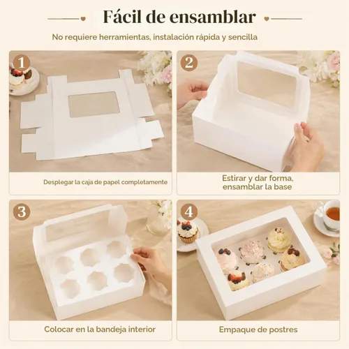 Vista 4 de Pralb Paquete de 20 cajas blancas para cupcakes con insertos, 6 soportes, cajas blancas estándar de panadería con ventana de PVC, recipientes