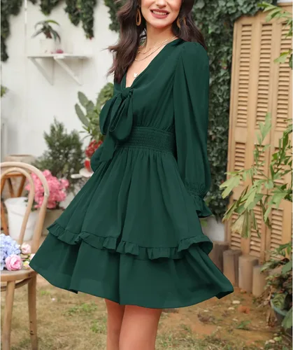 Vista 4 de EXLURA - Mini vestido acampanado, con cuello en V, de manga globo larga, floral, con capas, volantes, cintura elástica y para anudar por delante