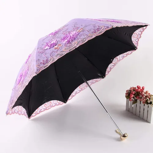 Vista 70 de Honeystore Sombrilla bordada con flor 3D plegable UV con encaje clásico