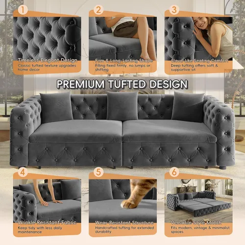 Vista 5 de Polibi Sofá cama extraíble extragrande de 89 pulgadas, sofá cama multifuncional 3 en 1 de 4 plazas con 3 almohadas, sofá clásico copetudo de Gris