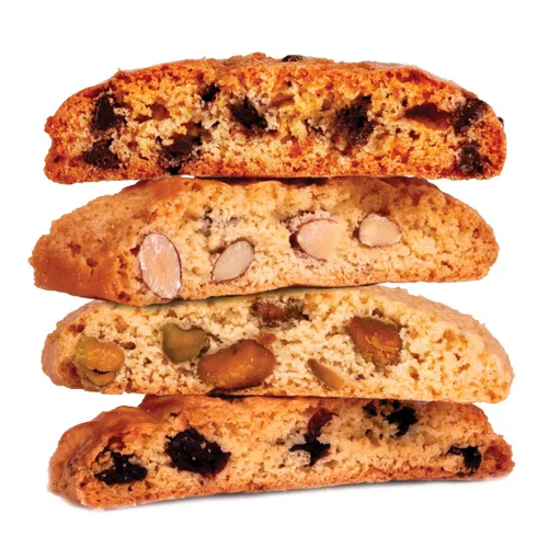 Vista 2 de True Delicious BISCOTTI, 4 cajas de diferentes sabores (almendra entera, pistacho salado, chispas de chocolate naranja, arándano), 4x6oz..