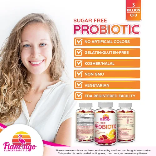 Vista 4 de Flamingo Supplements Gomitas probióticas sin azúcar (3 mil millones de UFC) – Kosher, halal y vegano – Apoyo digestivo para mujeres, hombres y niños
