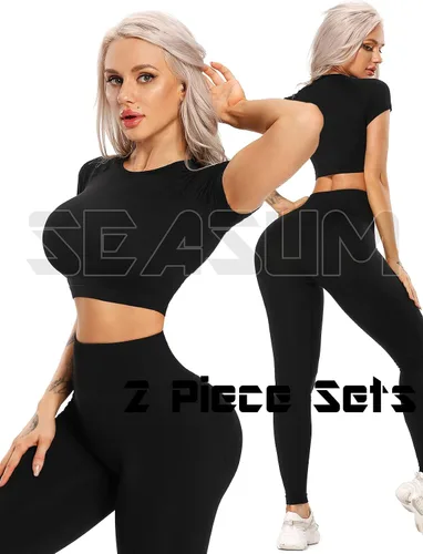 Vista 2 de SEASUM Conjuntos de entrenamiento para mujer, cintura alta, sin costuras, lindos leggings de yoga, conjuntos de entrenamiento para mujer, ropa
