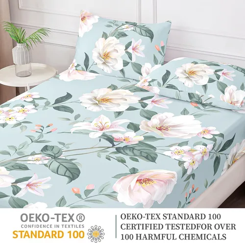 Vista 5 de Sábana bajera ajustable floral con fundas de almohada, 100% microfibra cepillada, sábana bajera ajustable con bolsillo profundo, ultrasuave