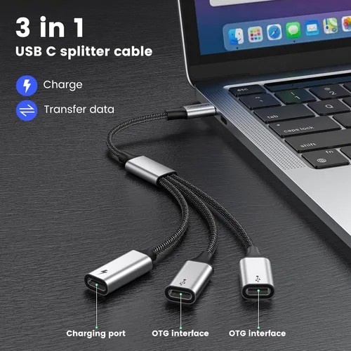 Vista 2 de MOGOOD Divisor USB C, cable Y USB C de 3 puertos, 1 macho a 3 hembras, paso de carga PD de 60 W y transferencia de datos, para Steam Deck, iPad Pro