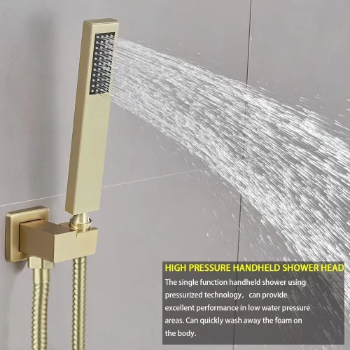 Vista 3 de Sistema de ducha dorado cepillado con cabezal de ducha de lluvia de alta presión de 20.3 cm, cabezal de ducha de mano, juego combinado