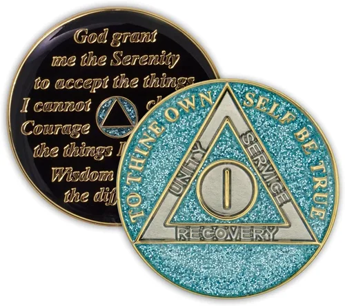 Vista 10 de Moneda de sobriedad de 1 año Ficha de aniversario de recuperación de chip AA con purpurina (aguamarina) Glitter Sparkle Alcoholics Anonymous 24k