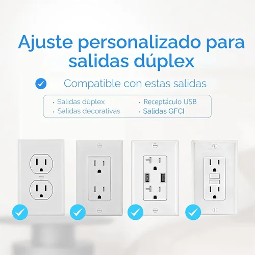 Vista 7 de Regletas de corriente para montaje en pared, cargador de pared, extensor de 6 enchufes, 4 puertos USB (5V, 2.4A, 12W) y luz nocturna, regleta