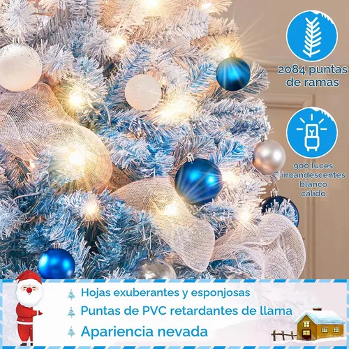 Vista 4 de Yaheetech - Árbol artificial de Navidad preiluminado de 9 pies con 900 luces incandescentes de color blanco cálido, árbol de Navidad con flecos