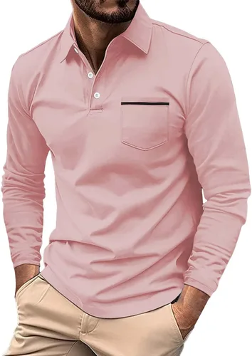 Vista 17 de Polo de manga larga para hombre, diseño casual de algodón con bolsillo, cuello clásico con botón para golf