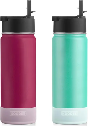 Vista 23 de Koodee Paquete de 2 botellas de agua, de 12 onzas, acero inoxidable, con aislamiento al vacío, con tapa de boquilla a prueba de fugas, color verde