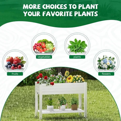 Vista 5 de PatioZen 33.66" Tall Raised Garden Bed with Legs(2 PCS),Resin Planter Box with Lockable Wheels Drainage Plug and Gauge for Flowers, Vegetables