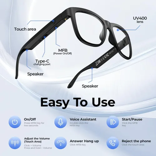 Vista 8 de Lentes inteligentes de traducción Bluetooth AI, lentes inteligentes con más de 140 idiomas traducción en línea y lente de cambio de color, micrófono