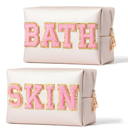 Vista 15 de Y1tvei Preppy Patch SKIN Letra Blanca Rosa Bolsa de Aseo para Cosméticos de Piel Sintética Bolsa de Maquillaje Portátil Bolsa de Almacenamiento