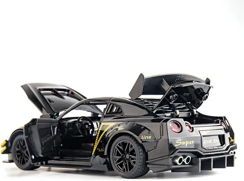 Vista 2 de BDTCTK - Coche modelo compatible de escala 1/24 para Nissan GTR, juguete de aleación de zinc con sonido y luz para niños y niñas (negro)