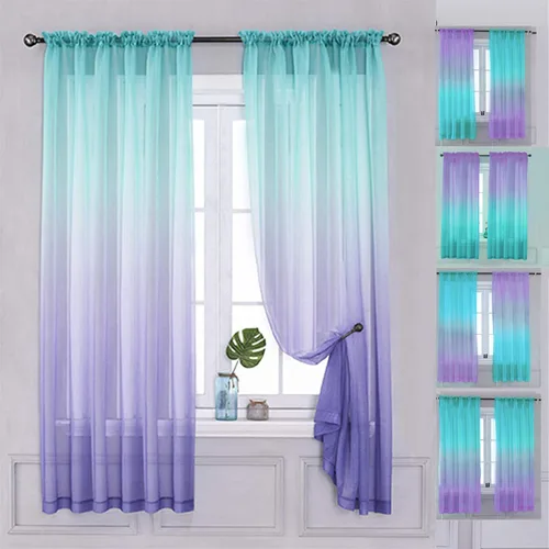 Vista 8 de Cortinas Yancorp traslúcidas de 2 paneles para dormitorio de 63 pulgadas de largo, cortinas de lino azulbeige ombre con bolsillo para barra