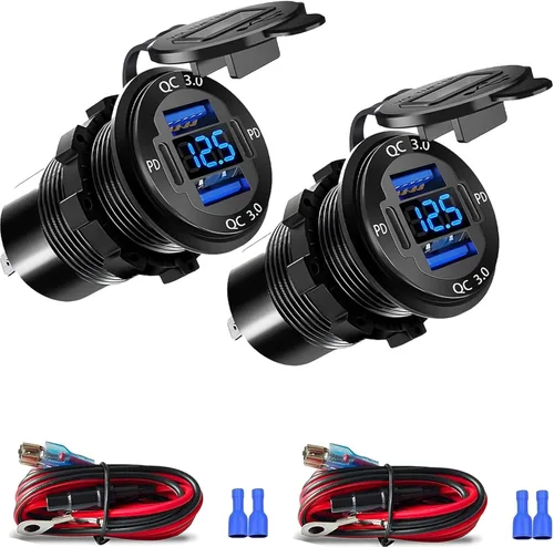 Vista 8 de Cargador USB 12V mejorado con 4 puertos - Toma de corriente para coche de aleación de aluminio con voltímetro LED para coches, carritos de golf