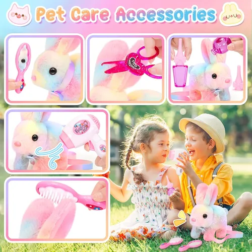 Vista 8 de NINAOR Juguetes interactivos de peluche para niños con bolsas de mano, conejo robot de peluche con correa que salta y orejas que se mueven, juguetes