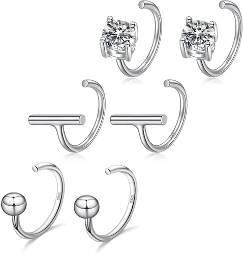 Vista 6 de CHIC & ARTSY Aretes de medio aro de plata de ley 925 para mujer, juego de aros pequeños con barra de bola, estrella, luna y perla, ligeros, ajuste