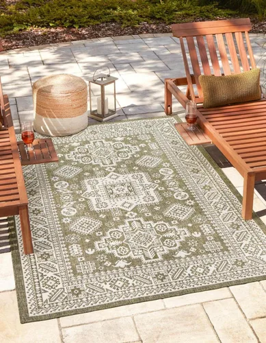 Vista 15 de Unique Loom Outdoor Aztec Collection Alfombra de área, Chalca (5 pies 3 pulgadas, octágono, aguamarina/marfil)