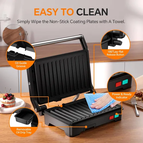 Vista 6 de Panini - Parrilla de prensa, sandwichera de 1000 W con placas revestidas antiadherentes, abre 180 grados para cualquier tamaño de alimentos