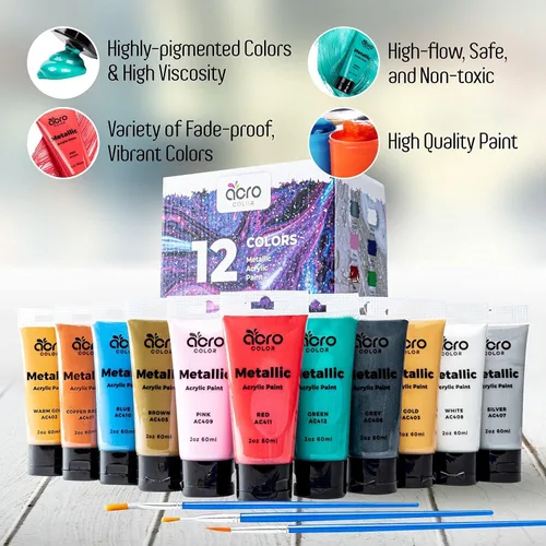 Vista 3 de Acro Color Juego de pintura acrílica metálica 12 colores ricos pigmentos no tóxicos para artistas de todos los niveles
