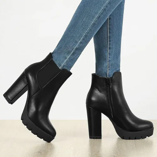 Vista 2 de Allegra K Botines con plataforma y tacón de bloque con cremallera y punta redonda para mujer