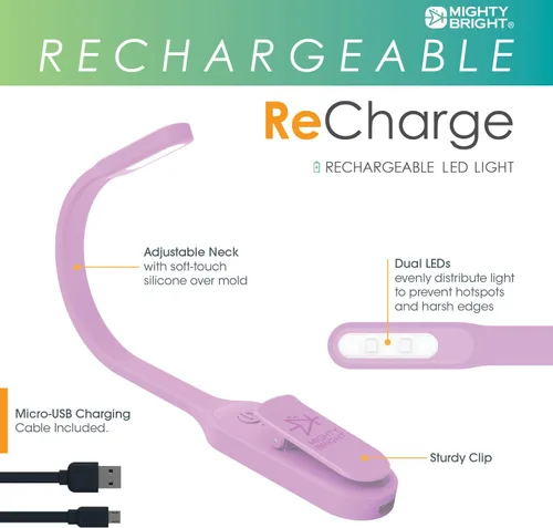 Vista 2 de Mighty Bright La Original Recarga con Clip - Luz de Libro Recargable USB - Lámpara de Lectura LED Cálida - Flexible, Regulable, Dura Hasta 60 Horas