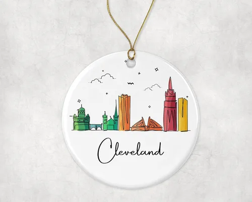 Vista 3 de Adorno de Cleveland, adorno de Navidad de monumentos de Navidad, colorido gráfico de horizonte de ciudad, nuevos regalos para Navidad impresos