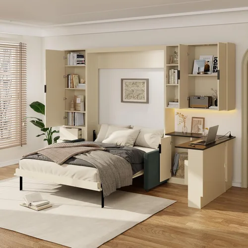 Vista 2 de Cama Murphy de Pared Tamaño Queen con Escritorio en Forma de L, Sofá de 2 Asientos y Luz, Marco de Cama Murphy Tradicional de Madera Maciza