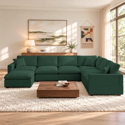 Vista 38 de Sofá seccional moderno de lino en forma de L para sala de estar, sofás modulares con relleno de plumón, fundas de cojín de sofá desmontables, sofá
