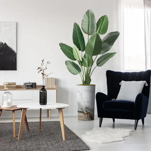 Vista 18 de Árbol artificial en macetero con efecto de granito moderno, palmera tropical areca artificial de seda para decoración del hogar en interiores