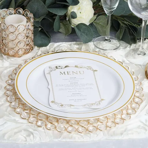 Vista 2 de Tableclothsfactory Plato Cargador de Metal Dorado de 14 Pulgadas con Diseño de Alambre y 118 Cuentas de Cristal Acrílico para Bodas y Eventos