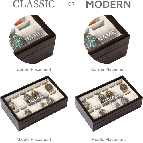 Vista 2 de CASE ELEGANCE Caja organizadora de reloj de madera expreso con monograma de 12 ranuras con tapa de cristal