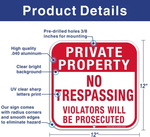 Vista 2 de Señal de propiedad privada No Trespassing ("Violators Will Be Prosecuted"), cuadrado de 12 x 12 pulgadas, aluminio libre de óxido .040, protección