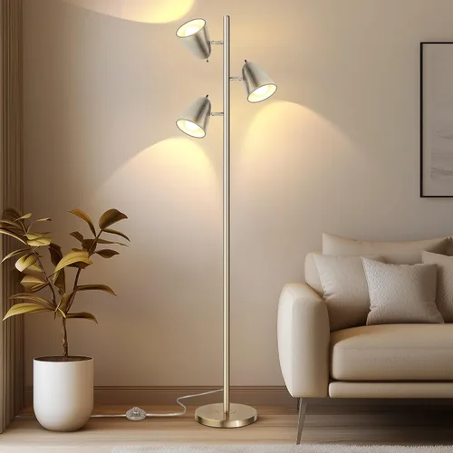 Vista 7 de QiMH Tree Floor Lamp with 3 Light Bulbs, Standing Tall Pole Lamps for Living Room Bedroom Office, Reading Stand up Lamps with 3 Adjustable Brushed
