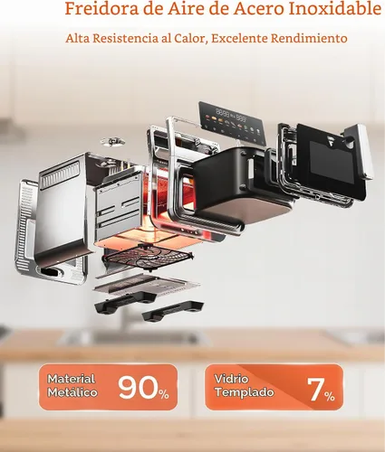 Vista 6 de Freidora de aire de acero inoxidable de 6 cuartos de galón, carcasa de acero inoxidable y olla interior de metal, libre de PTFE y PFAS, 9 funciones