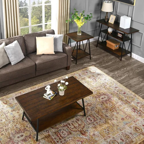 Vista 7 de Mesa consola con mesa dentada, mesa de entrada de madera maciza con estante de almacenamiento, mesa de pasillo rústica de 3 niveles, mesa de sofá