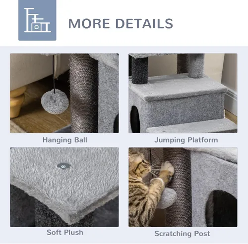 Vista 5 de PawHut Escaleras para mascotas con poste rascador de sisal para gatos Escalones para gatos de altura ajustable de 3/4, condominio, pelota de juguete