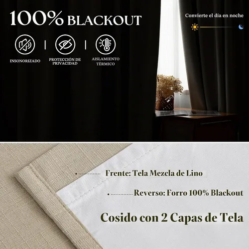 Vista 4 de Juego de 2 paneles de cortinas plisadas opacas de 96 pulgadas para oscurecer la sala de estar, lino grueso, texturizado, 100% negro, cortinas Avena