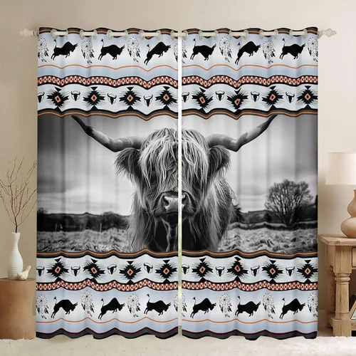 Vista 9 de Cortinas opacas estilo bohemio occidental de 76 x 45 pulgadas, cortinas y cortinas de atrapasueños de vaca, cortinas del suroeste, cortinas de Multi